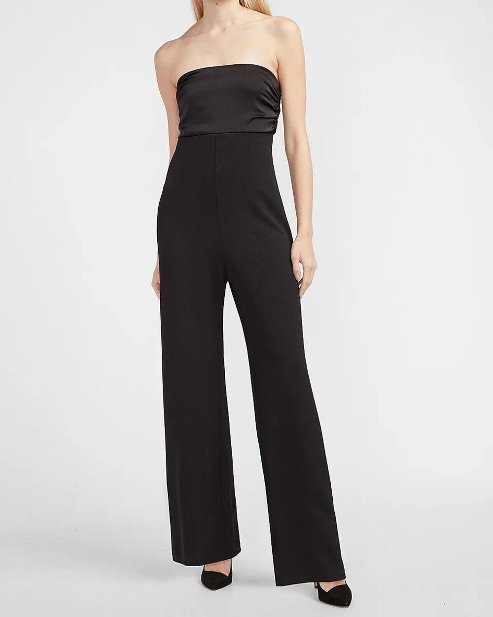 Express black pieced satin strapless bow tie back wide leg jumpsuit XS new nwt